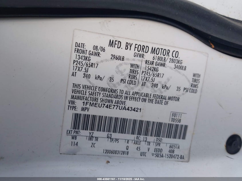 2007 Ford Explorer Eddie Bauer VIN: 1FMEU74E77UA43421 Lot: 43561161