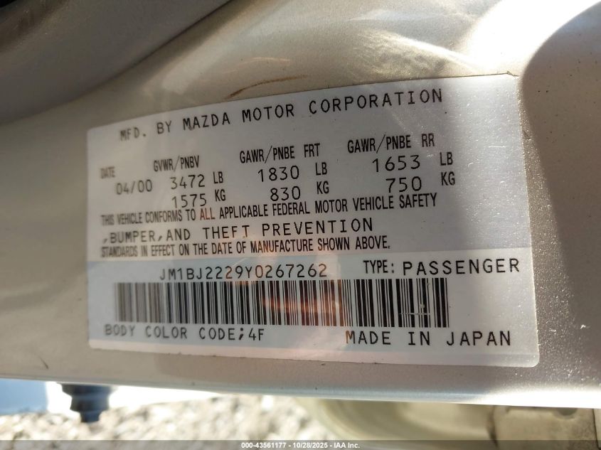 2000 Mazda Protege Dx/Lx VIN: JM1BJ2229Y0267262 Lot: 43561177