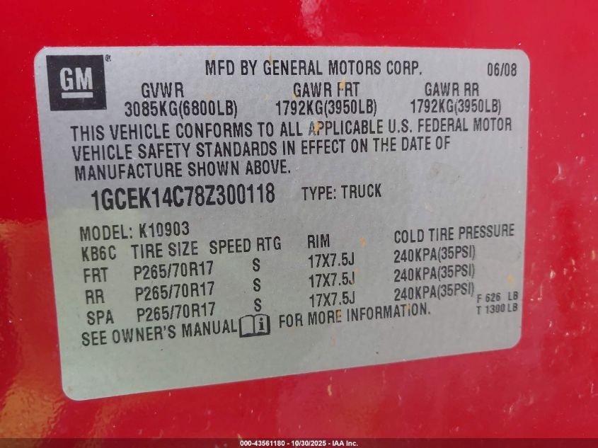 2008 Chevrolet Silverado 1500 Work Truck VIN: 1GCEK14C78Z300118 Lot: 43561180