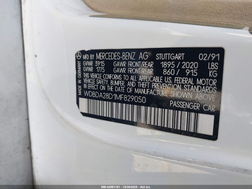 1991 Mercedes-Benz 190 E 2.3 VIN: WDBDA28D1MF829050 Lot: 43561181