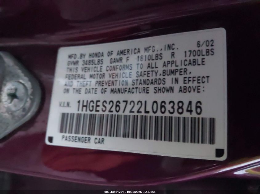 2002 Honda Civic Ex VIN: 1HGES26722L063846 Lot: 43561201