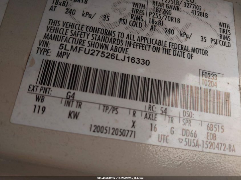 2006 Lincoln Navigator Luxury/Ultimate VIN: 5LMFU27526LJ16330 Lot: 43561205