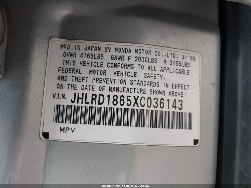 1999 Honda Cr-V Ex VIN: JHLRD1865XC036143 Lot: 43561220