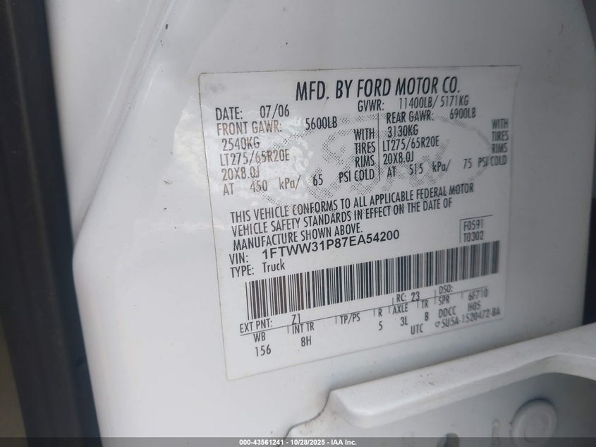 2007 Ford F-350 Lariat/Xl/Xlt VIN: 1FTWW31P87EA54200 Lot: 43561241