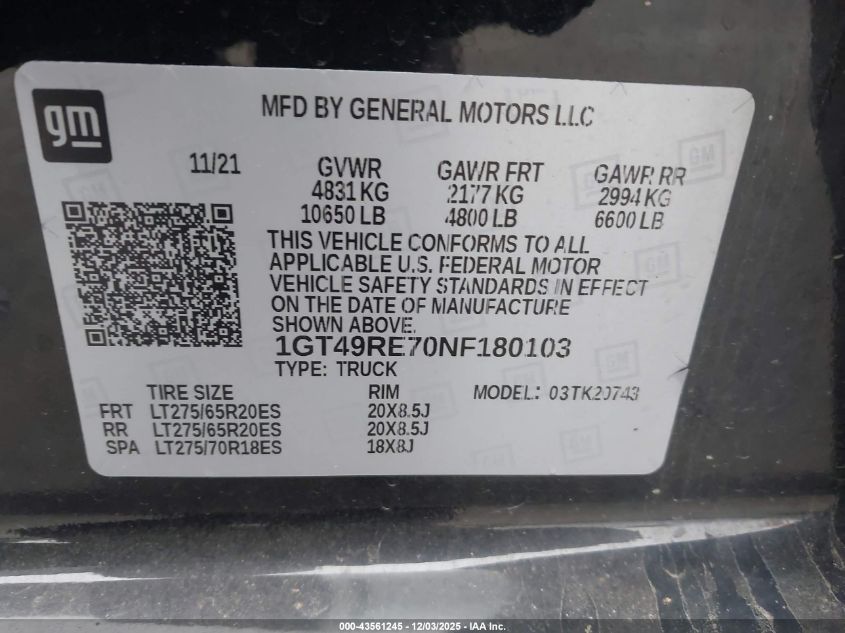 2022 GMC Sierra 2500Hd 4Wd Standard Bed Denali VIN: 1GT49RE70NF180103 Lot: 43561245
