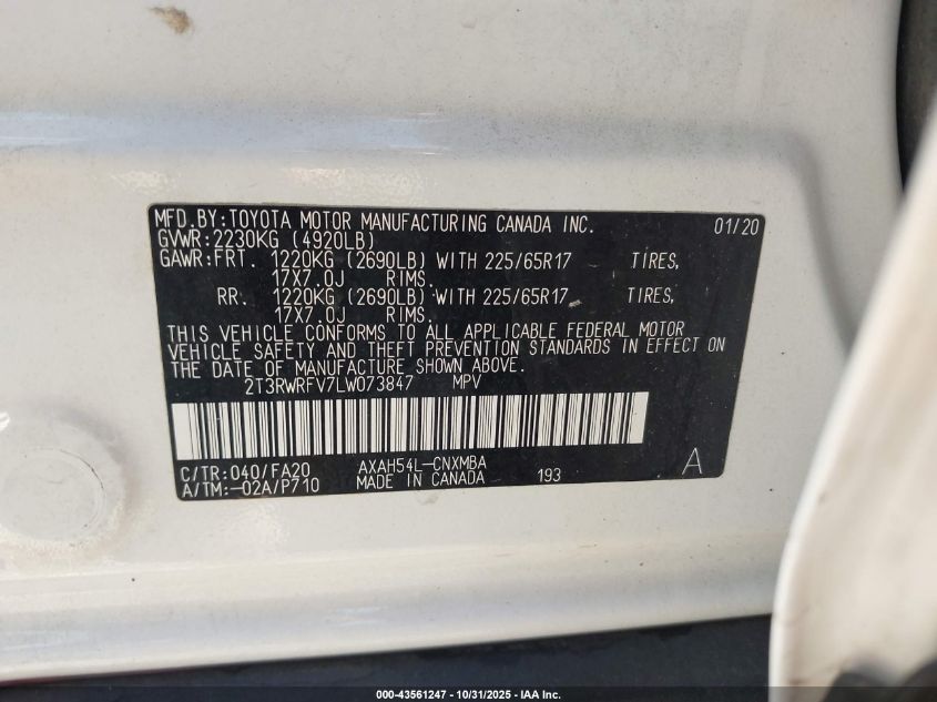 2020 Toyota Rav4 Hybrid Xle VIN: 2T3RWRFV7LW073847 Lot: 43561247