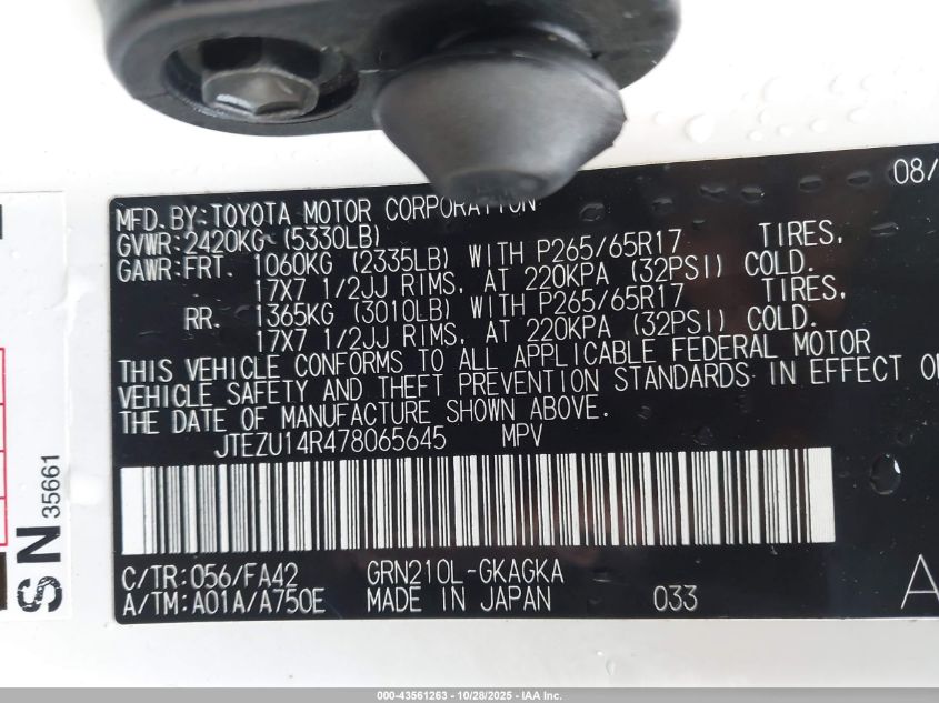 2007 Toyota 4Runner Sr5 V6 VIN: JTEZU14R478065645 Lot: 43561263