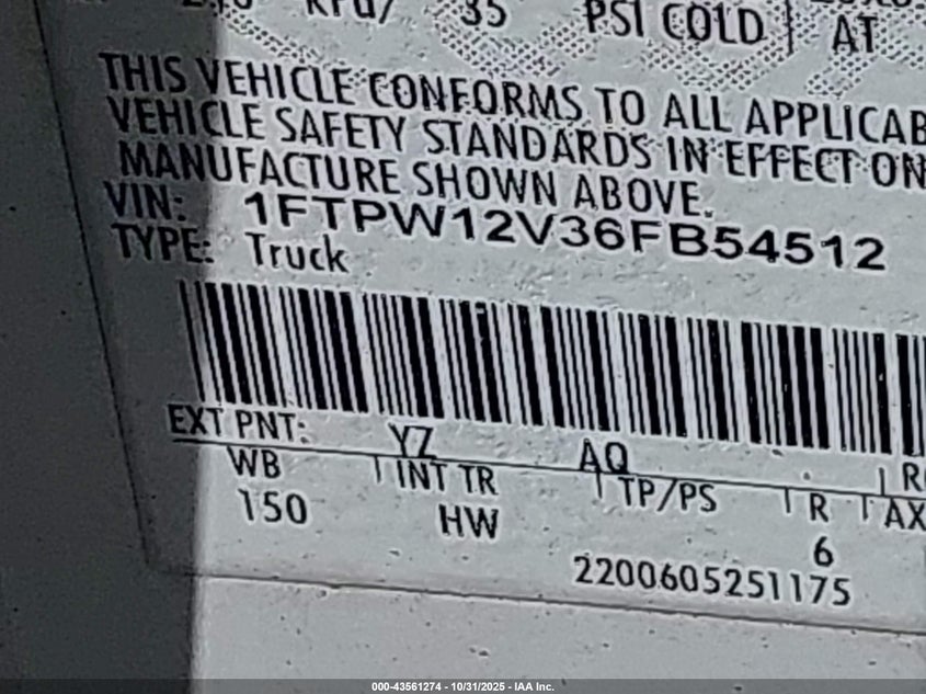 2006 Ford F-150 Lariat/Xlt VIN: 1FTPW12V36FB54512 Lot: 43561274