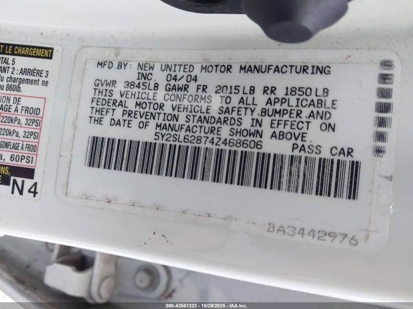 2004 Pontiac Vibe VIN: 5Y2SL62874Z468606 Lot: 43561323