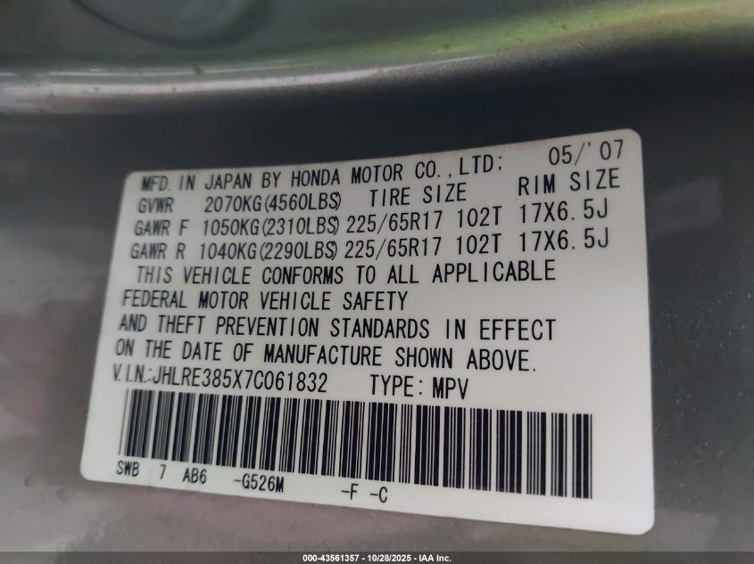 2007 Honda Cr-V Ex VIN: JHLRE385X7C061832 Lot: 43561357