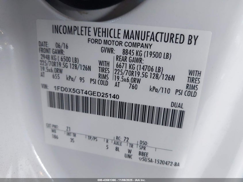 2016 Ford F-550 Chassis Xlt VIN: 1FD0X5GT4GED25140 Lot: 43561366