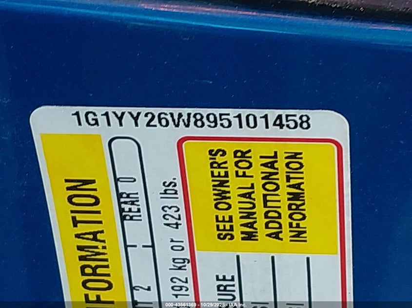 2009 Chevrolet Corvette VIN: 1G1YY26W895101458 Lot: 43561369