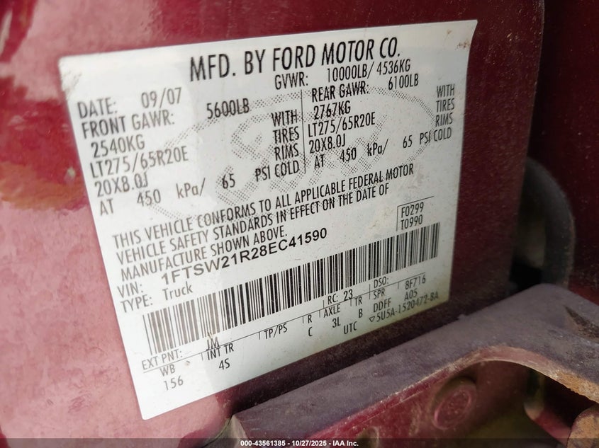 2008 Ford F-250 Fx4/Harley-Davidson/King Ranch/Lariat/Xl/Xlt VIN: 1FTSW21R28EC41590 Lot: 43561385