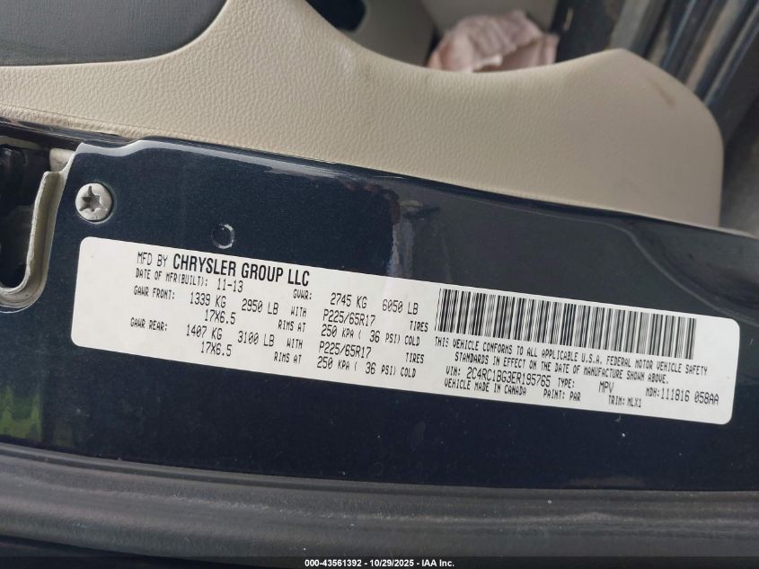 2014 Chrysler Town & Country Touring VIN: 2C4RC1BG3ER195765 Lot: 43561392
