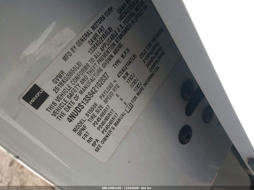 2004 Isuzu Ascender S VIN: 4NUDS13S842102837 Lot: 43561425