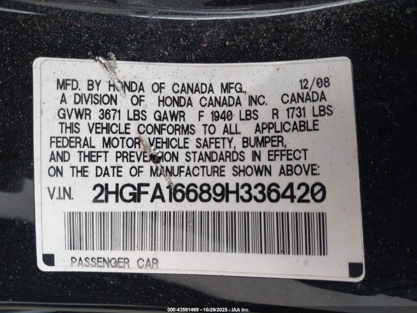 2009 Honda Civic Lx-S VIN: 2HGFA16689H336420 Lot: 43561469