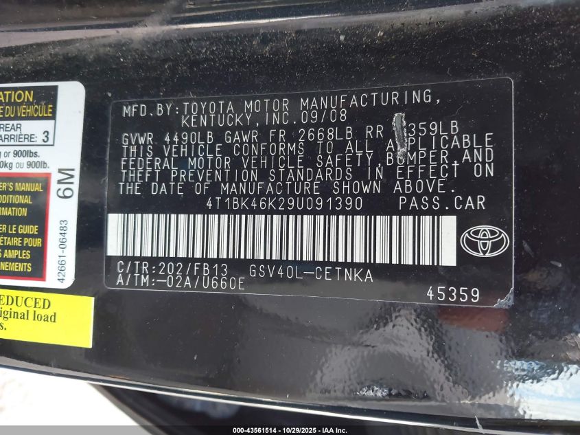 2009 Toyota Camry Le V6 VIN: 4T1BK46K29U091390 Lot: 43561514