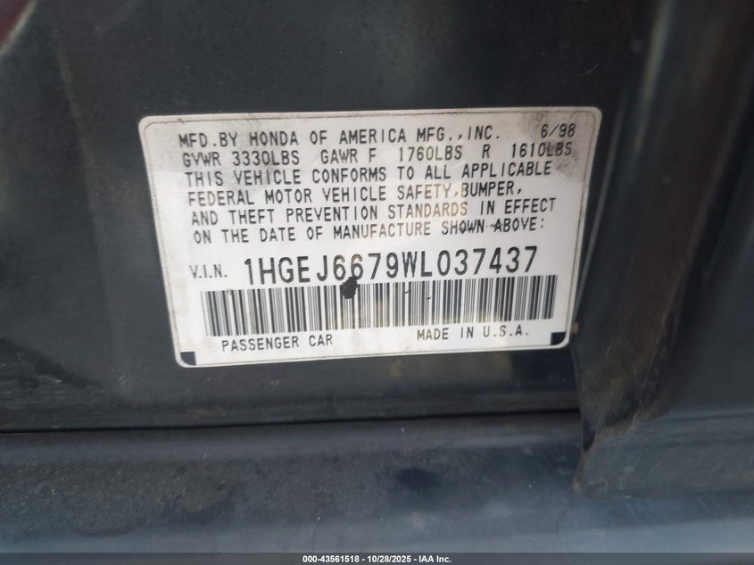 1998 Honda Civic Lx VIN: 1HGEJ6679WL037437 Lot: 43561518