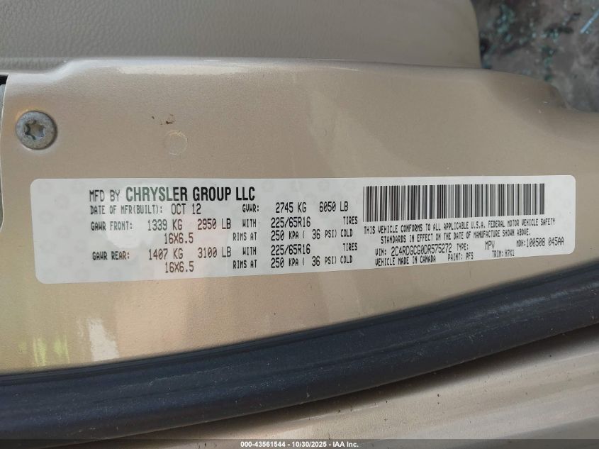 2013 Dodge Grand Caravan Sxt VIN: 2C4RDGCG0DR575272 Lot: 43561544