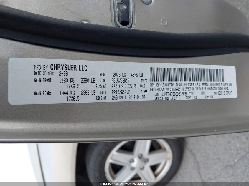 2009 Jeep Compass Sport VIN: 1J4FF47B89D217898 Lot: 43561563