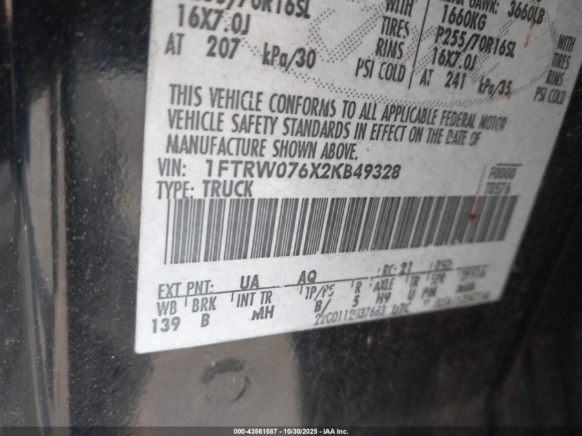 2002 Ford F-150 Lariat/Xlt VIN: 1FTRW076X2KB49328 Lot: 43561587