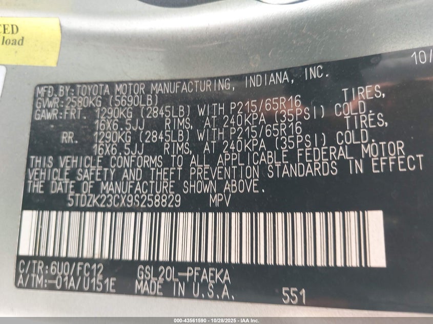 5TDZK23CX9S258829 2009 TOYOTA SIENNA photo no. 9