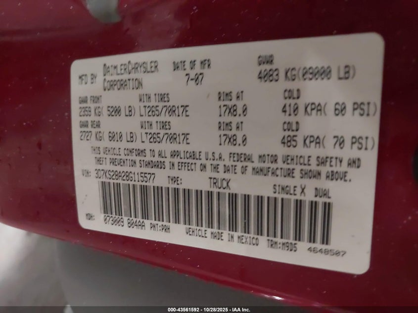 2008 Dodge Ram 2500 Slt VIN: 3D7KS28A28G115577 Lot: 43561592