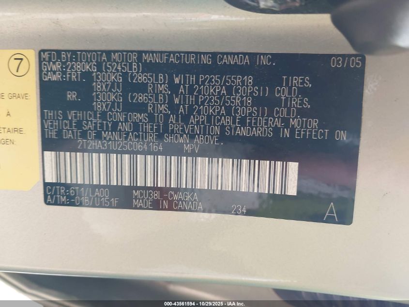 2005 Lexus Rx 330 VIN: 2T2HA31U25C064164 Lot: 43561594