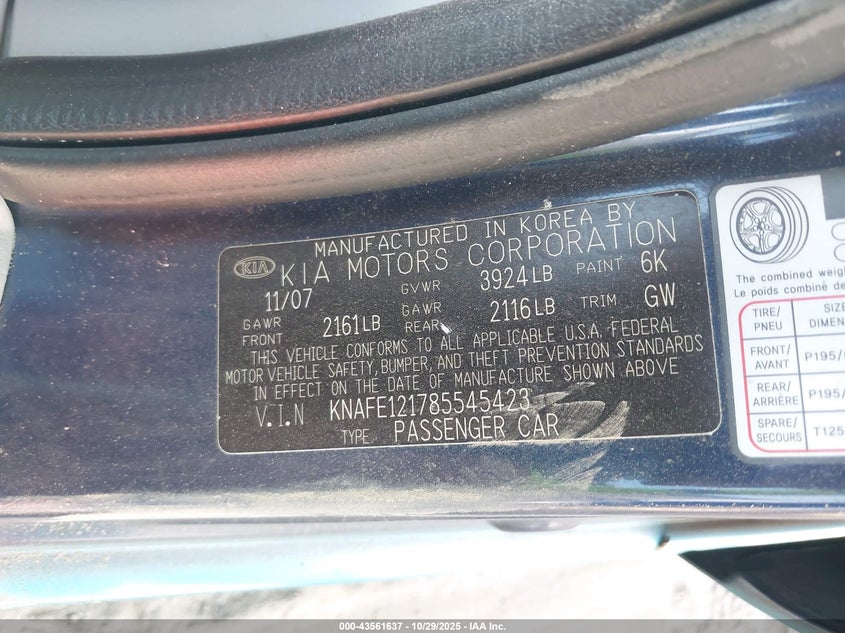 2008 Kia Spectra Ex VIN: KNAFE121785545423 Lot: 43561637