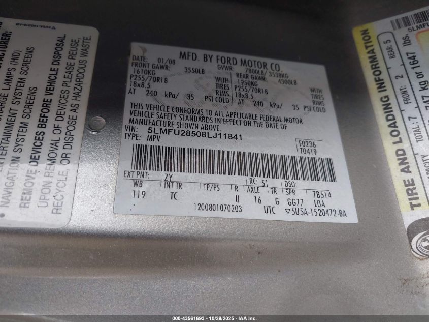 2008 Lincoln Navigator VIN: 5LMFU28508LJ11841 Lot: 43561693