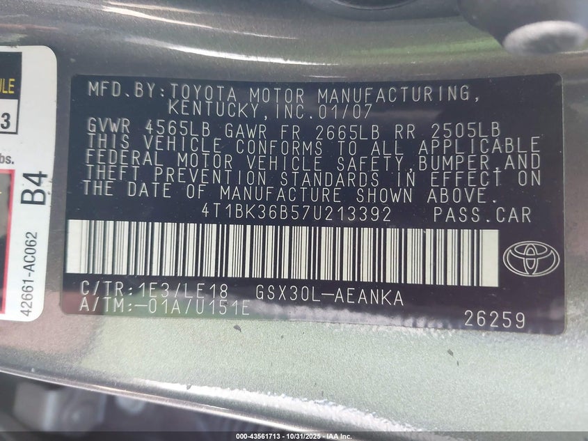 2007 Toyota Avalon Touring VIN: 4T1BK36B57U213392 Lot: 43561713