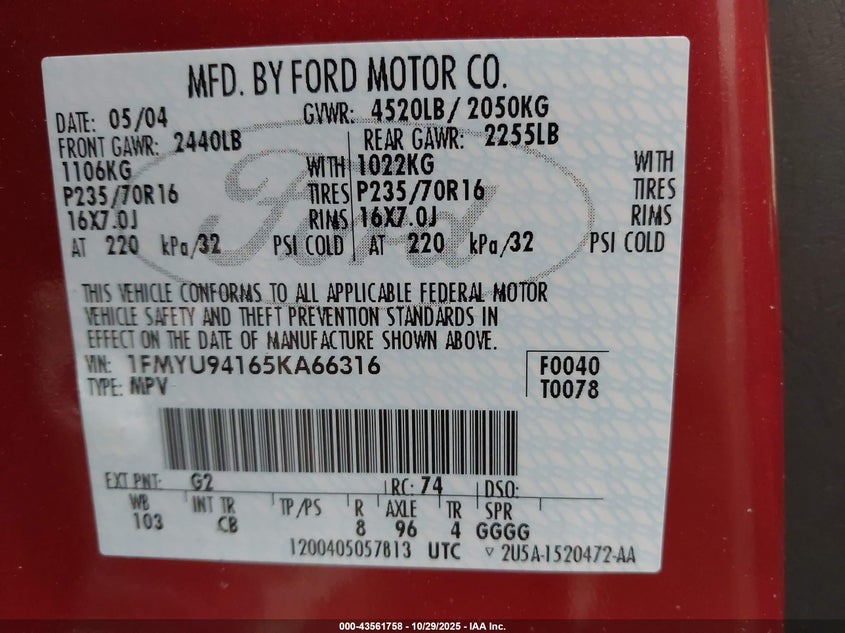 2005 Ford Escape Limited VIN: 1FMYU94165KA66316 Lot: 43561758