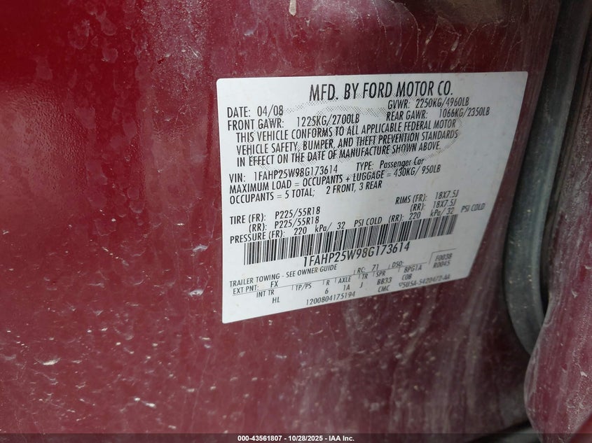 2008 Ford Taurus Limited VIN: 1FAHP25W98G173614 Lot: 43561807