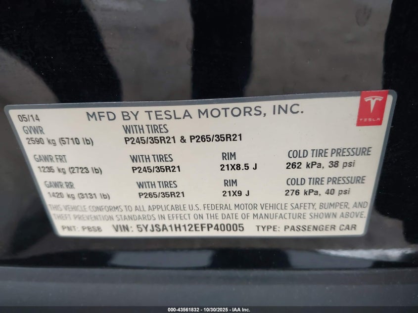 2014 Tesla Model S P85 VIN: 5YJSA1H12EFP40005 Lot: 43561832