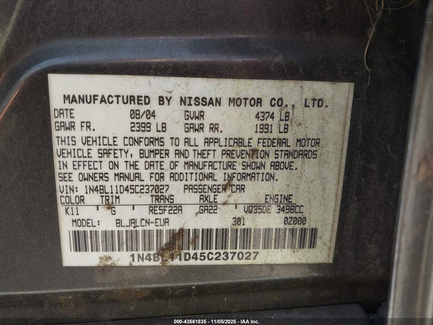 2005 Nissan Altima 3.5 Se VIN: 1N4BL11D45C237027 Lot: 43561835