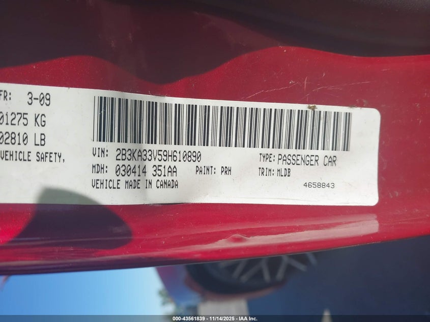 2009 Dodge Charger Sxt VIN: 2B3KA33V59H610890 Lot: 43561839