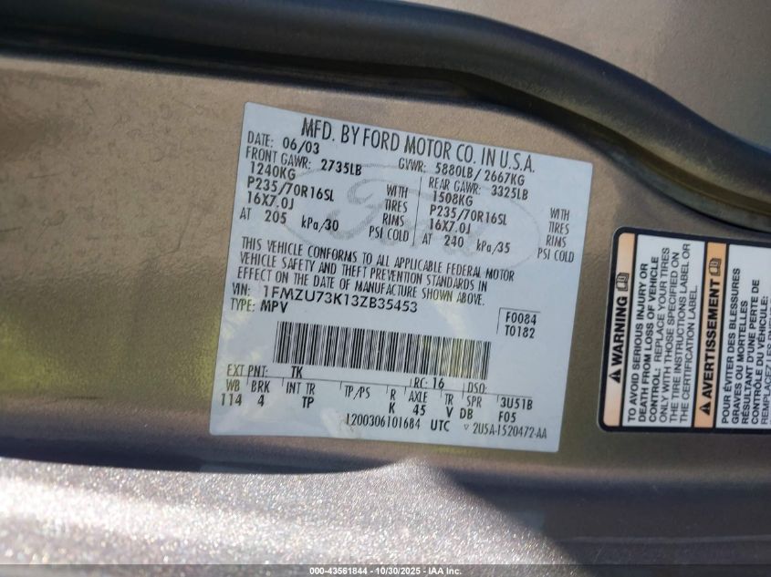 2003 Ford Explorer Nbx/Xlt VIN: 1FMZU73K13ZB35453 Lot: 43561844