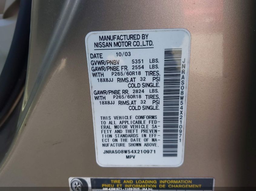 2004 Infiniti Fx35 VIN: JNRAS08W54X210971 Lot: 43561871