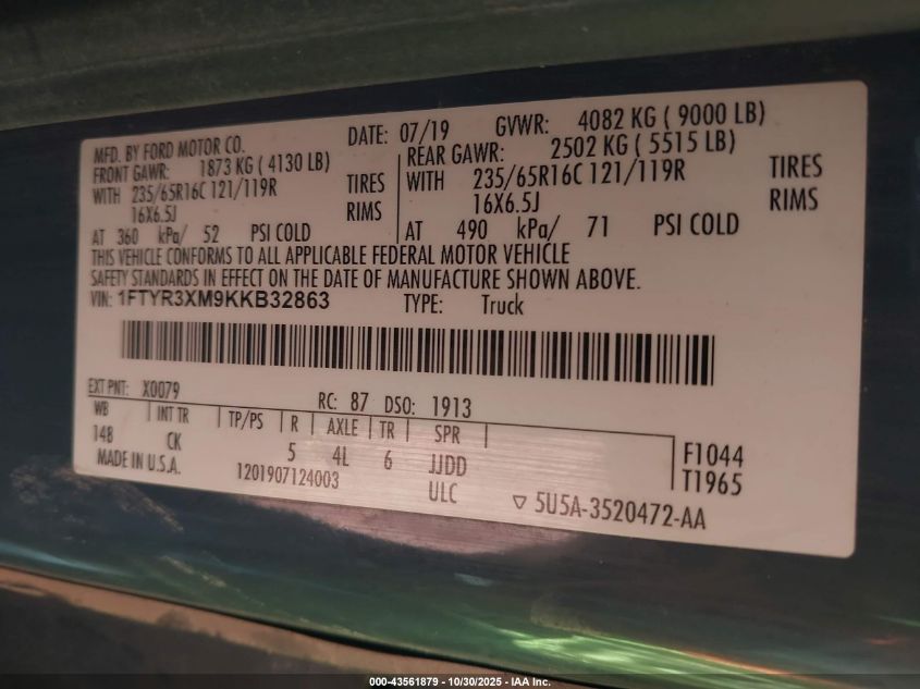 2019 Ford Transit-250 VIN: 1FTYR3XM9KKB32863 Lot: 43561879