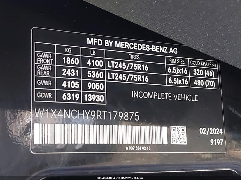 2024 Mercedes-Benz Sprinter 2500 High Roof 4-Cyl Diesel Ho VIN: W1X4NCHY9RT179875 Lot: 43561884