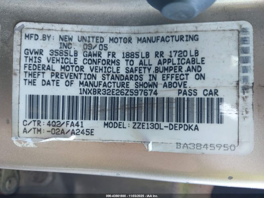 2006 Toyota Corolla Ce VIN: 1NXBR32E26Z597674 Lot: 43561888