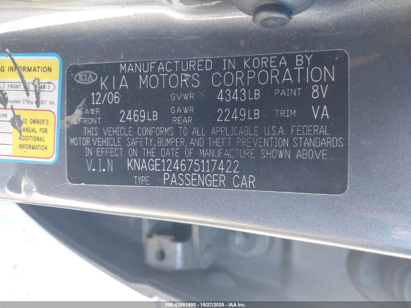 2007 Kia Optima Ex V6 VIN: KNAGE124675117422 Lot: 43561900