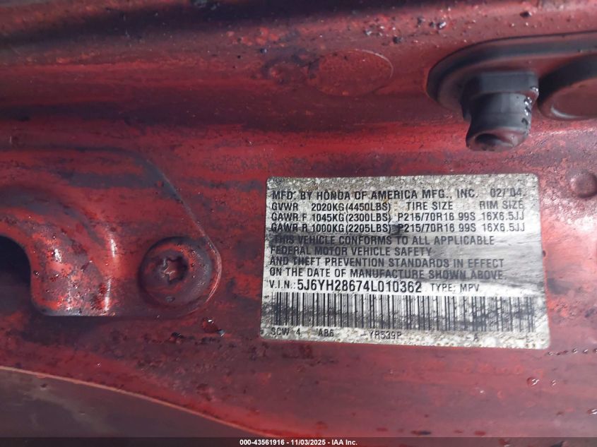 2004 Honda Element Ex VIN: 5J6YH28674L010362 Lot: 43561916