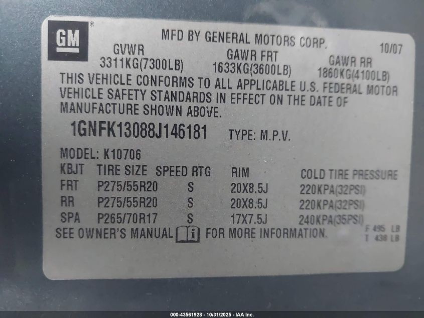 2008 Chevrolet Tahoe Lt VIN: 1GNFK13088J146181 Lot: 43561928