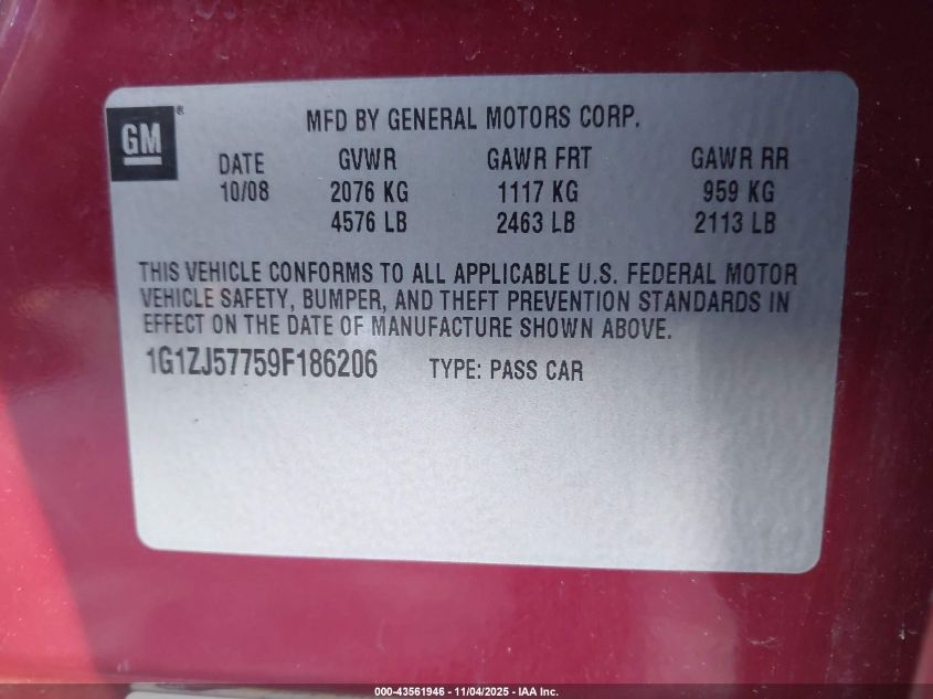 2009 Chevrolet Malibu Lt VIN: 1G1ZJ57759F186206 Lot: 43561946