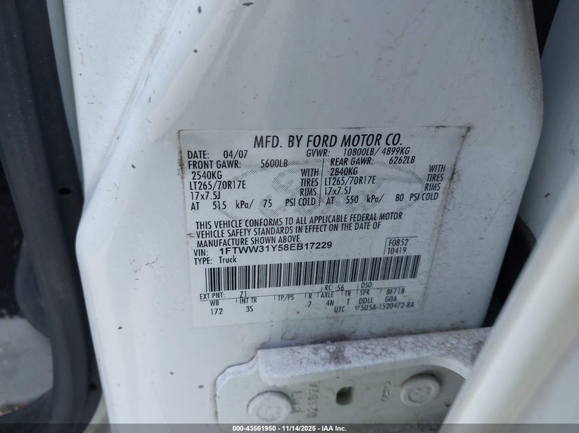 2008 Ford F-350 VIN: 1FTWW31Y58EB17229 Lot: 43561950