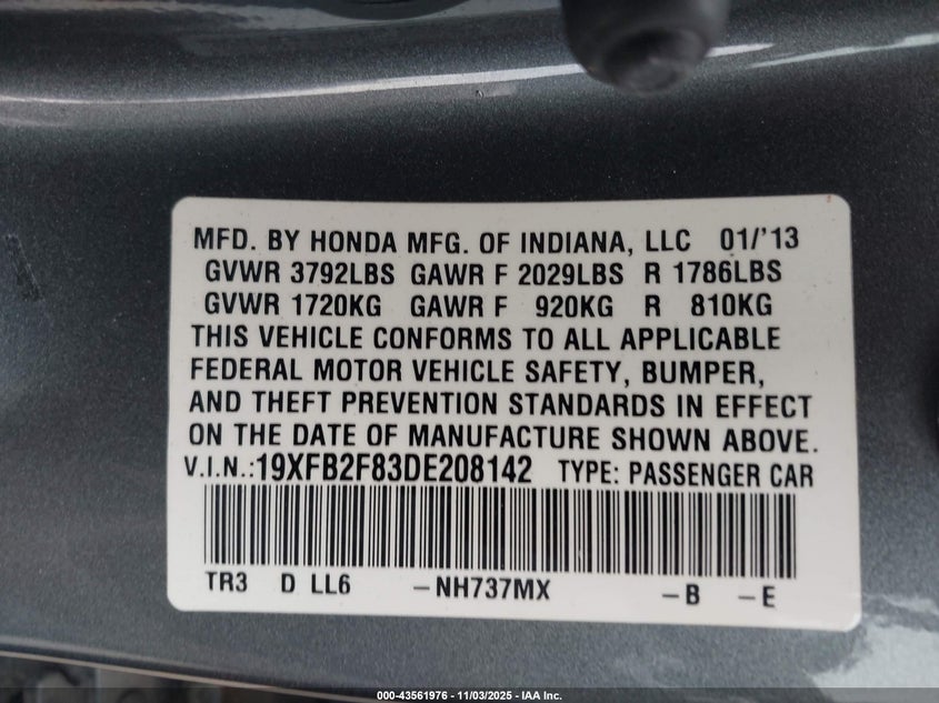 2013 HONDA CIVIC EX 19XFB2F83DE208142