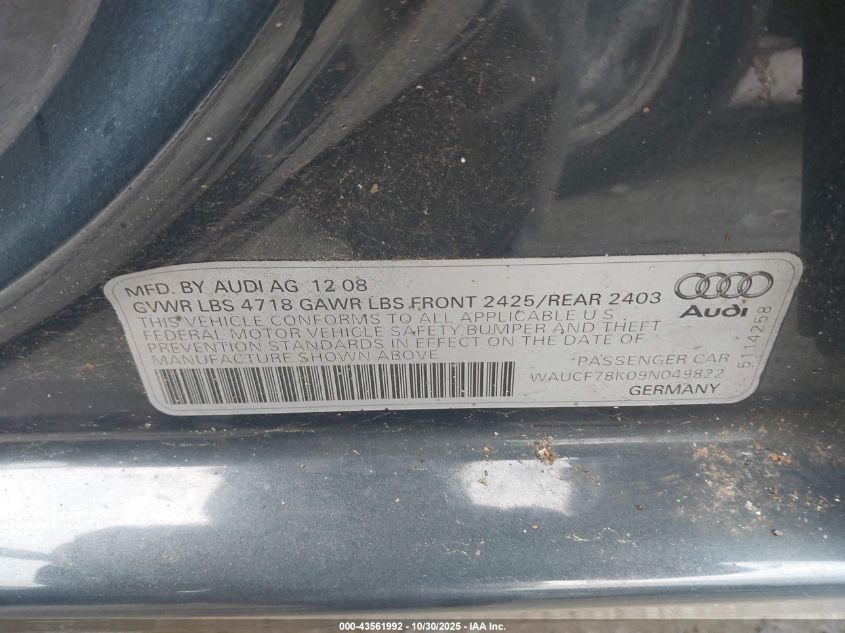 2009 Audi A4 2.0T Premium VIN: WAUCF78K09N049822 Lot: 43561992