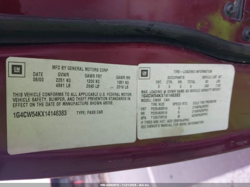2001 Buick Park Avenue VIN: 1G4CW54KX14146383 Lot: 43562010