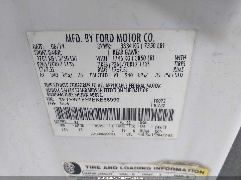 2014 Ford F-150 Xl VIN: 1FTFW1EF9EKE85990 Lot: 43562022